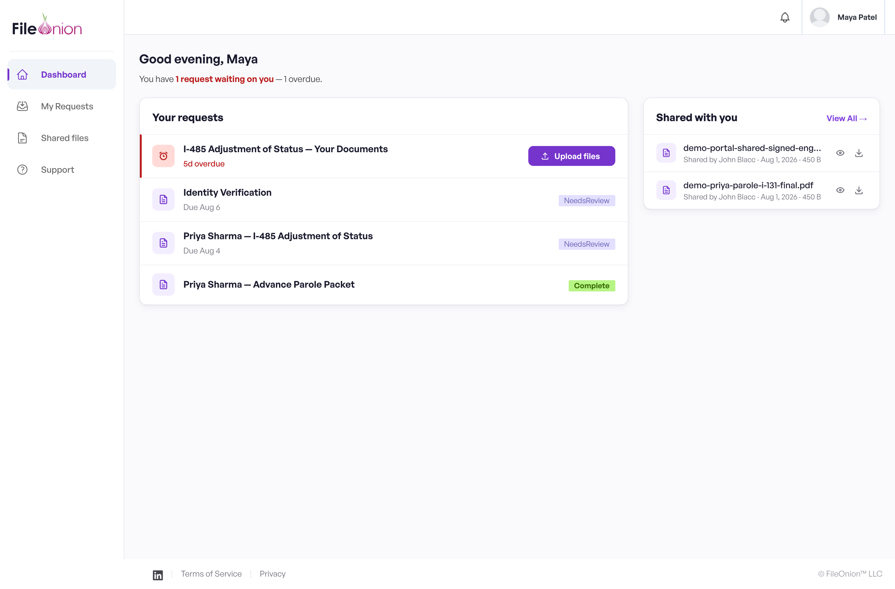 Full-screen client dashboard with the Your-requests hero and Shared-with-you rail