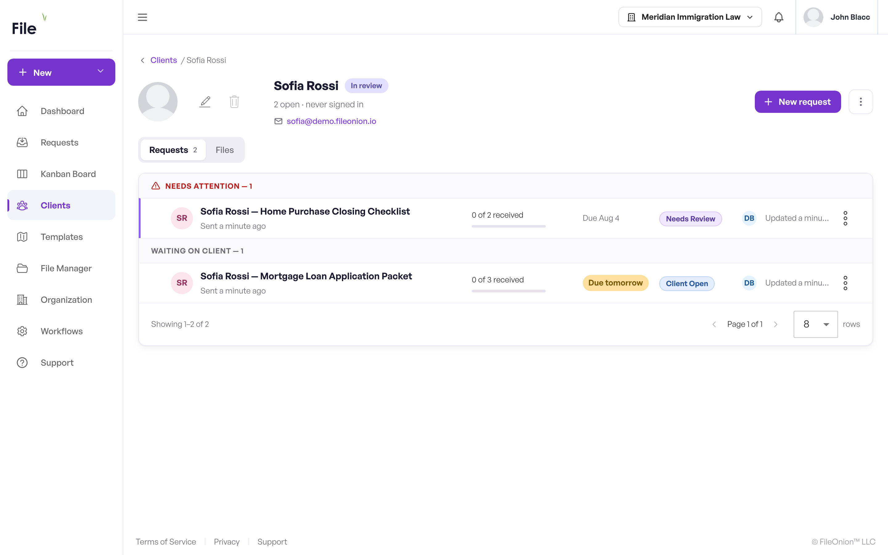 A client's detail page