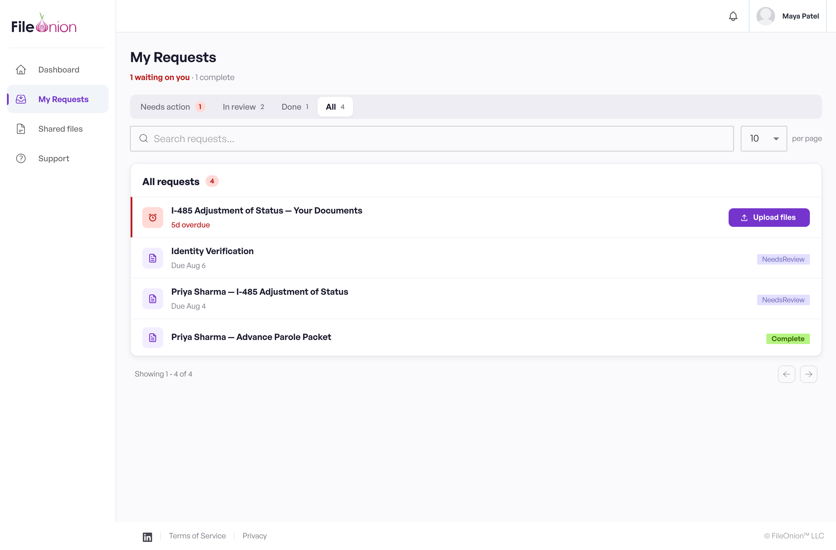 The client's My Requests page with Needs action, In review, Done and All segments