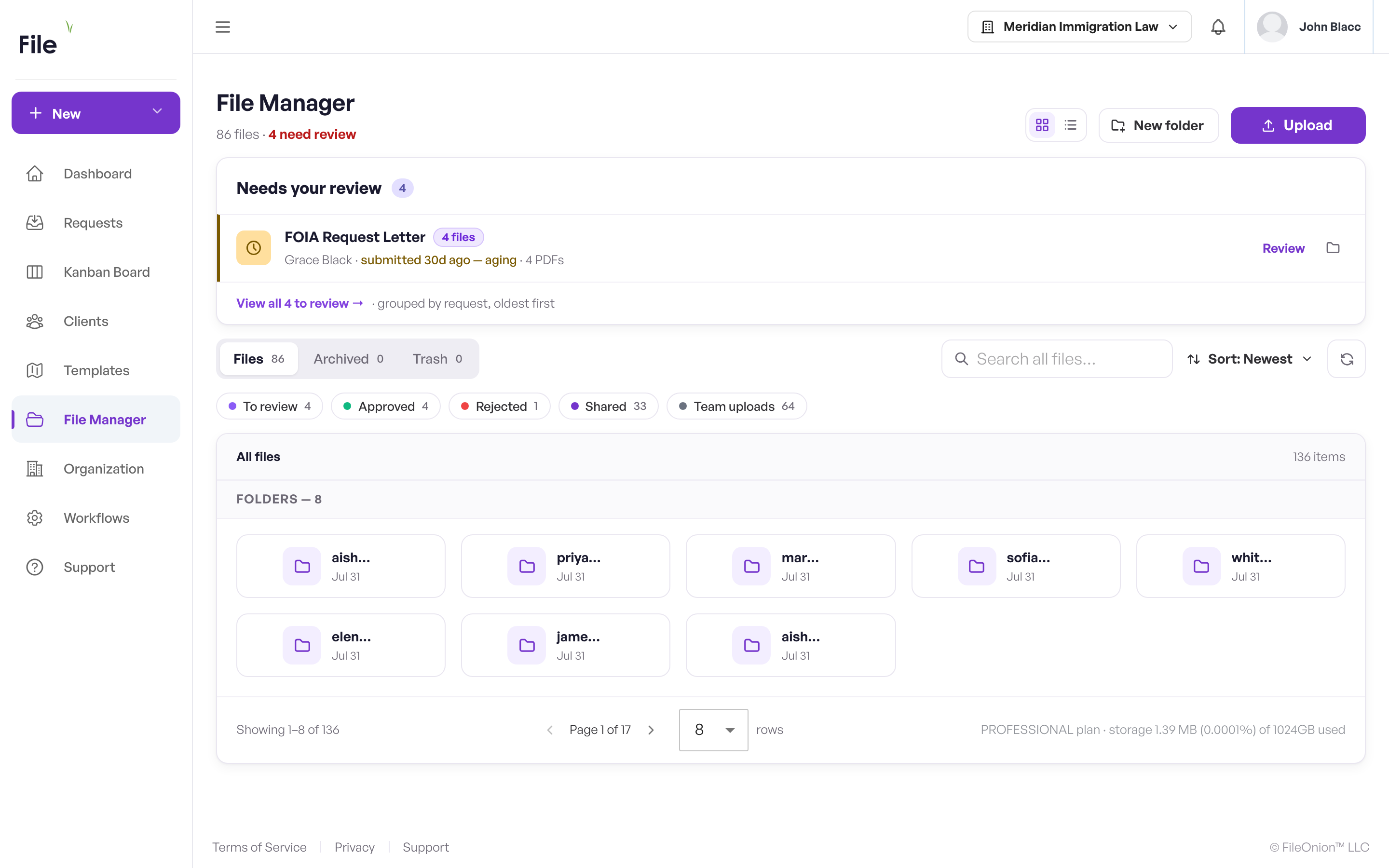 File Manager with the Needs-your-review queue grouped by request