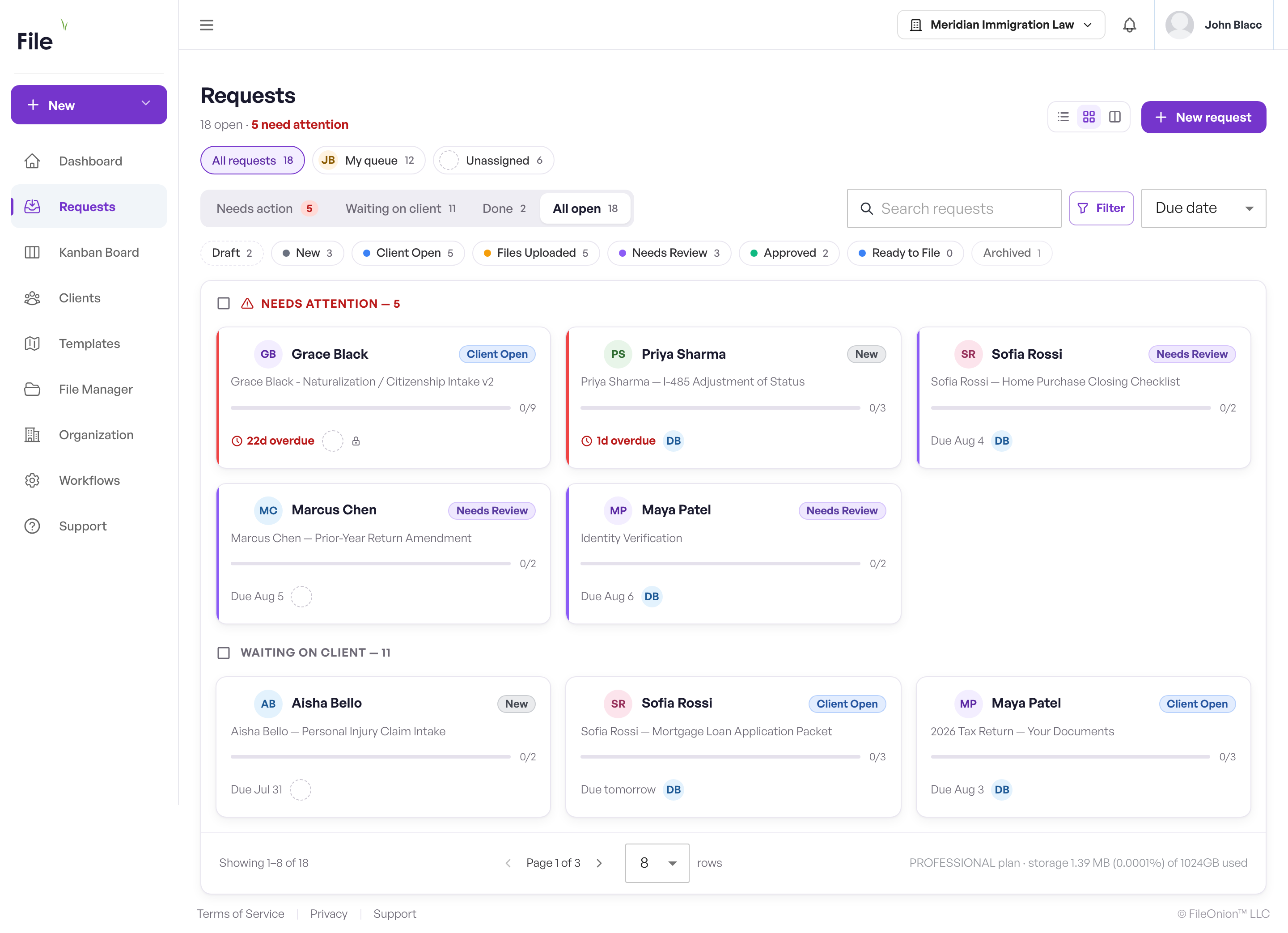 The Requests page in tiles view, with queue pills, triage segments and stage chips
