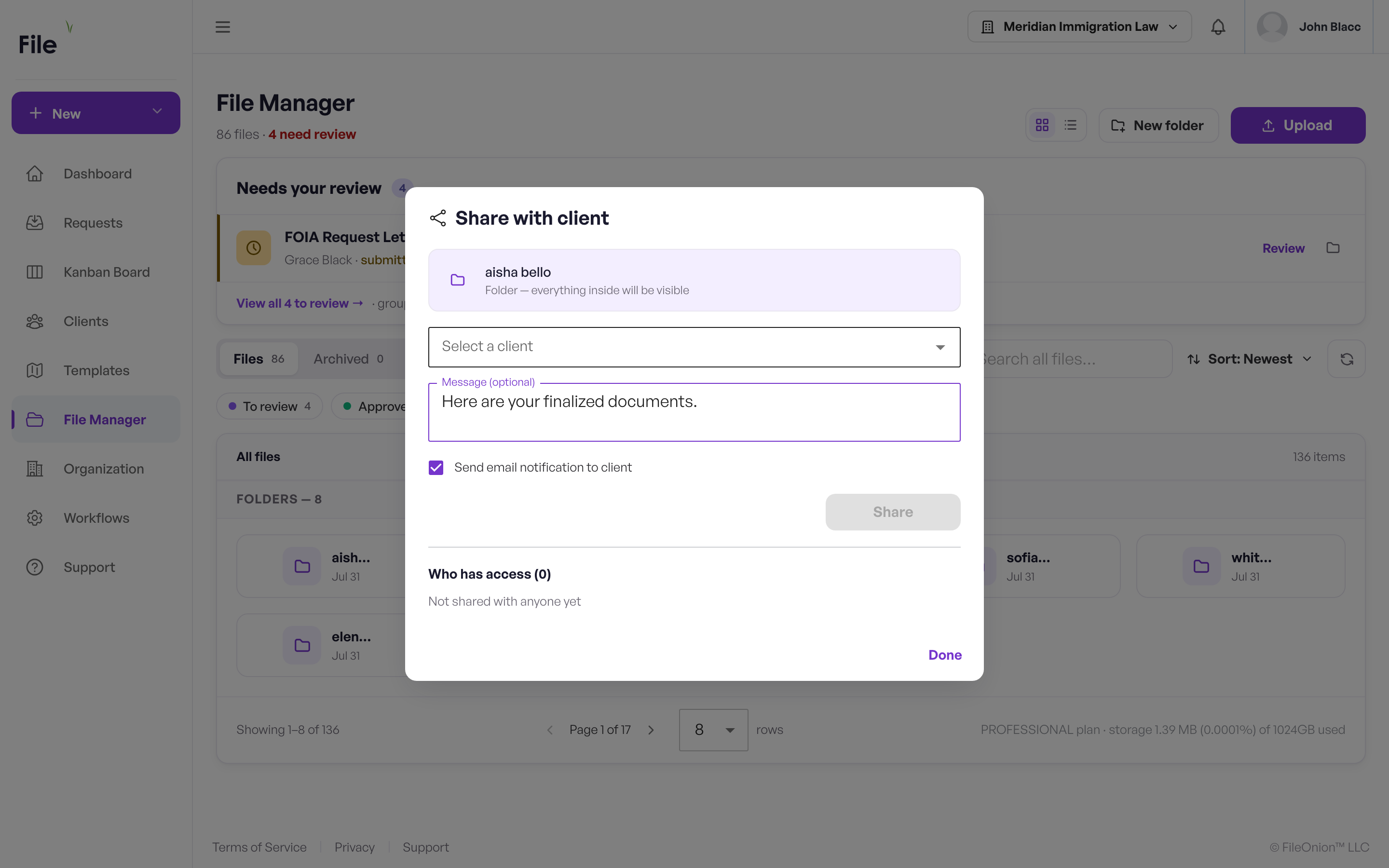 Share dialog with the multi-client picker, message field, and Who-has-access list
